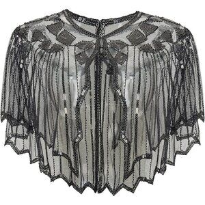 Women Sequin Beaded Evening Cape 1920s Shawl  Wraps (Black)
